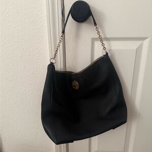 Tory Burch Black Leather Hobo with Gold Chain Detail